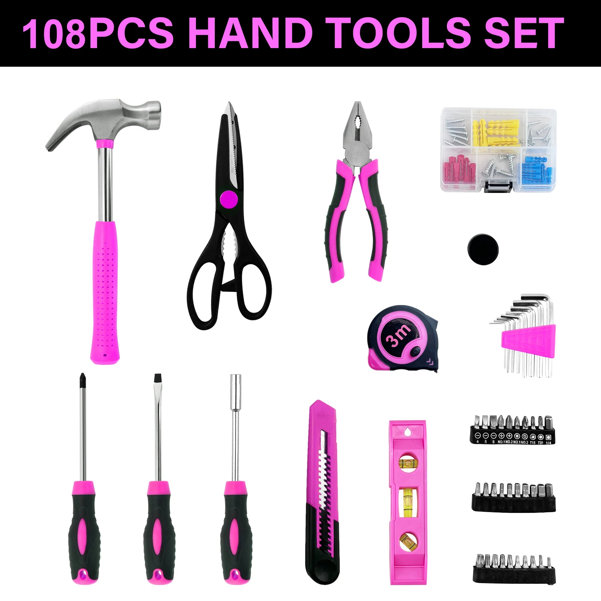 108-Piece Pink Hand Tool Kit – Complete Home Repair Set for Women