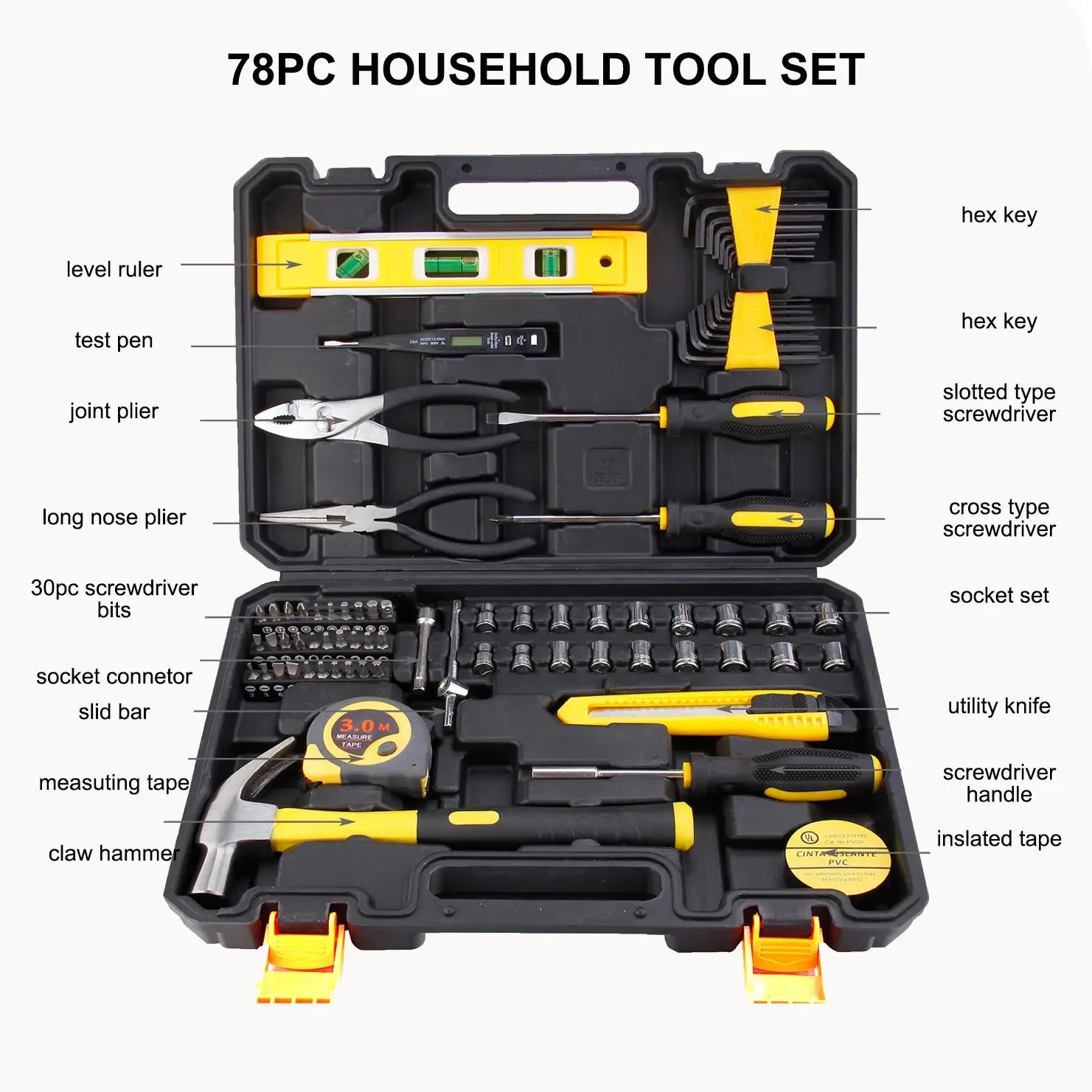 78-Piece Home Repair Tool Kit – Complete Carbon Steel Hand Tool Set