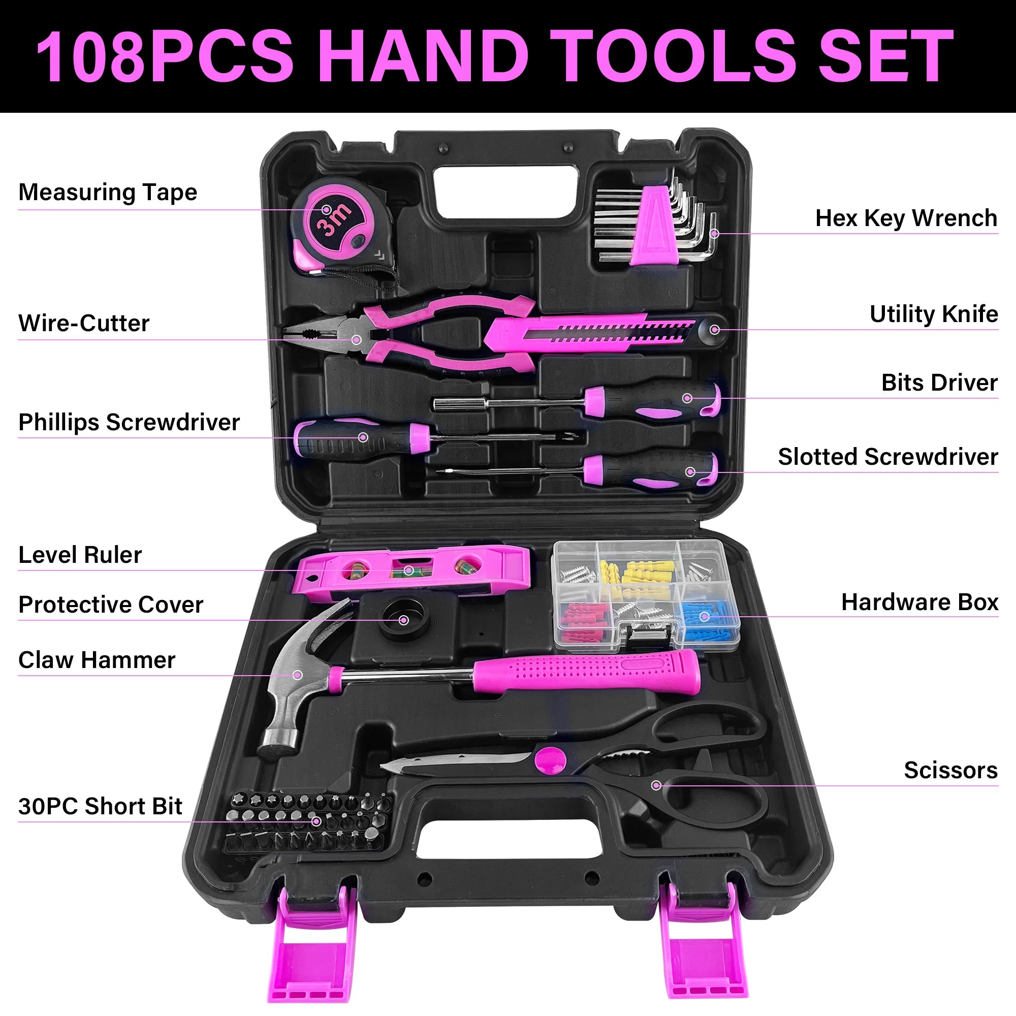 108-Piece Pink Hand Tool Kit – Complete Home Repair Set for Women