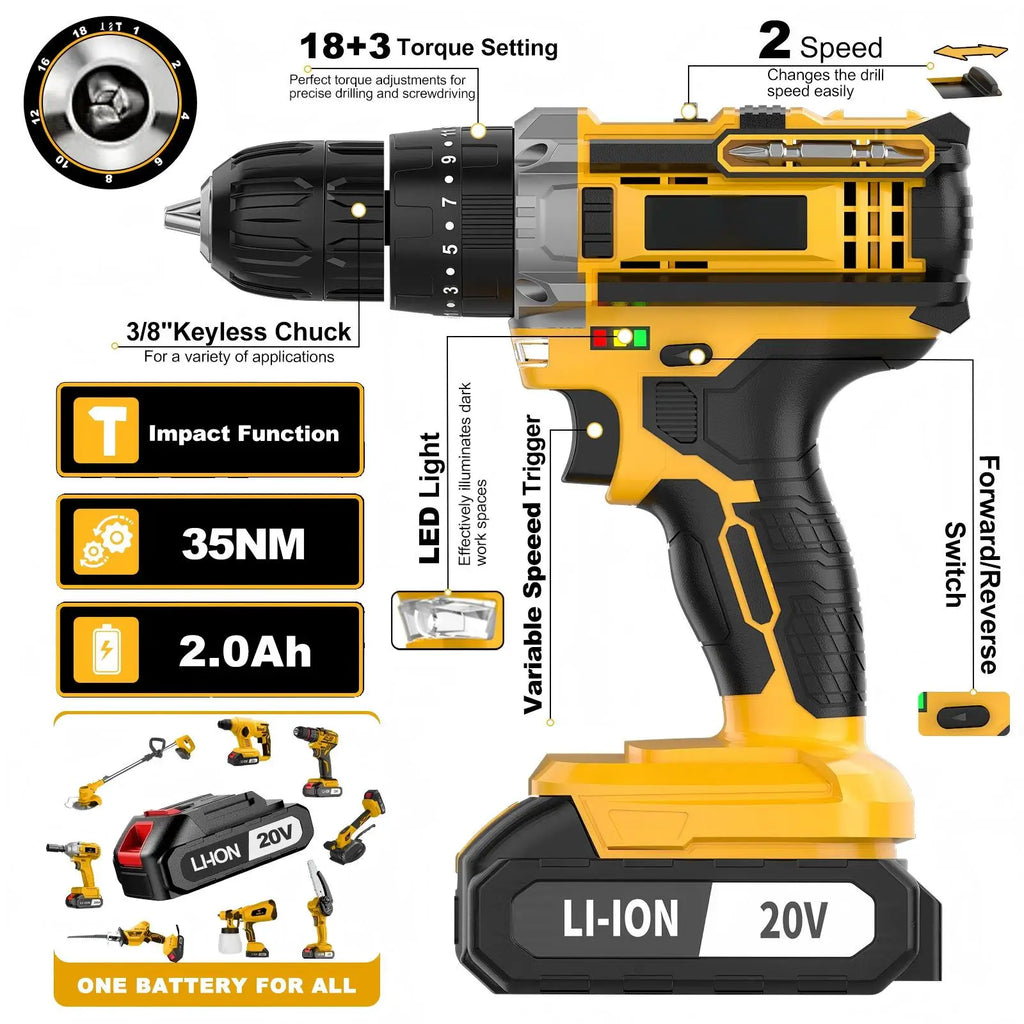 20V Cordless Impact Drill Driver Set – 136-Piece Accessory Kit