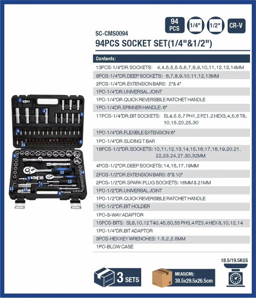 1/2" & 1/4" 94 Pcs Combination Tools Kit Box Tool Sets Hand Tools Screwdriver Pliers Socket Wrench Set Herramientas Socket Set