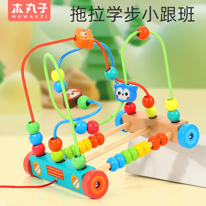 Wooden Animal Bead Maze Pull-Along Walking Toy for Toddlers