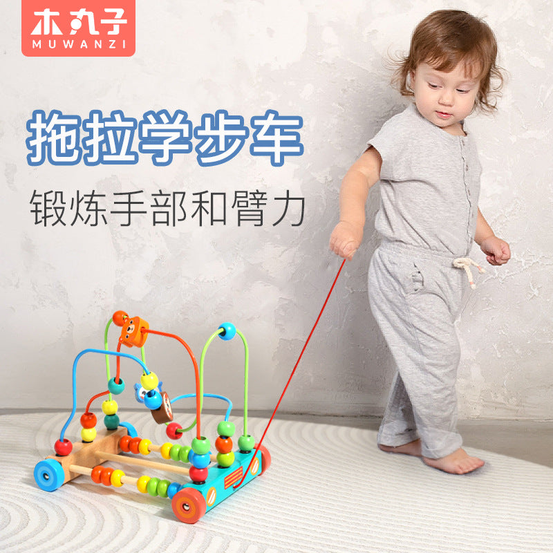 Wooden Animal Bead Maze Pull-Along Walking Toy for Toddlers