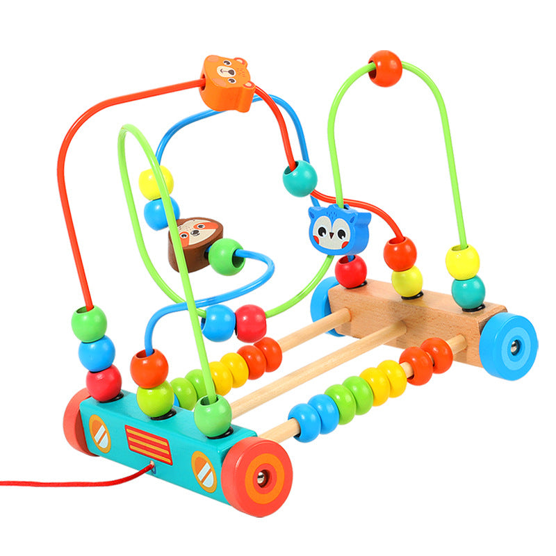 Wooden Animal Bead Maze Pull-Along Walking Toy for Toddlers