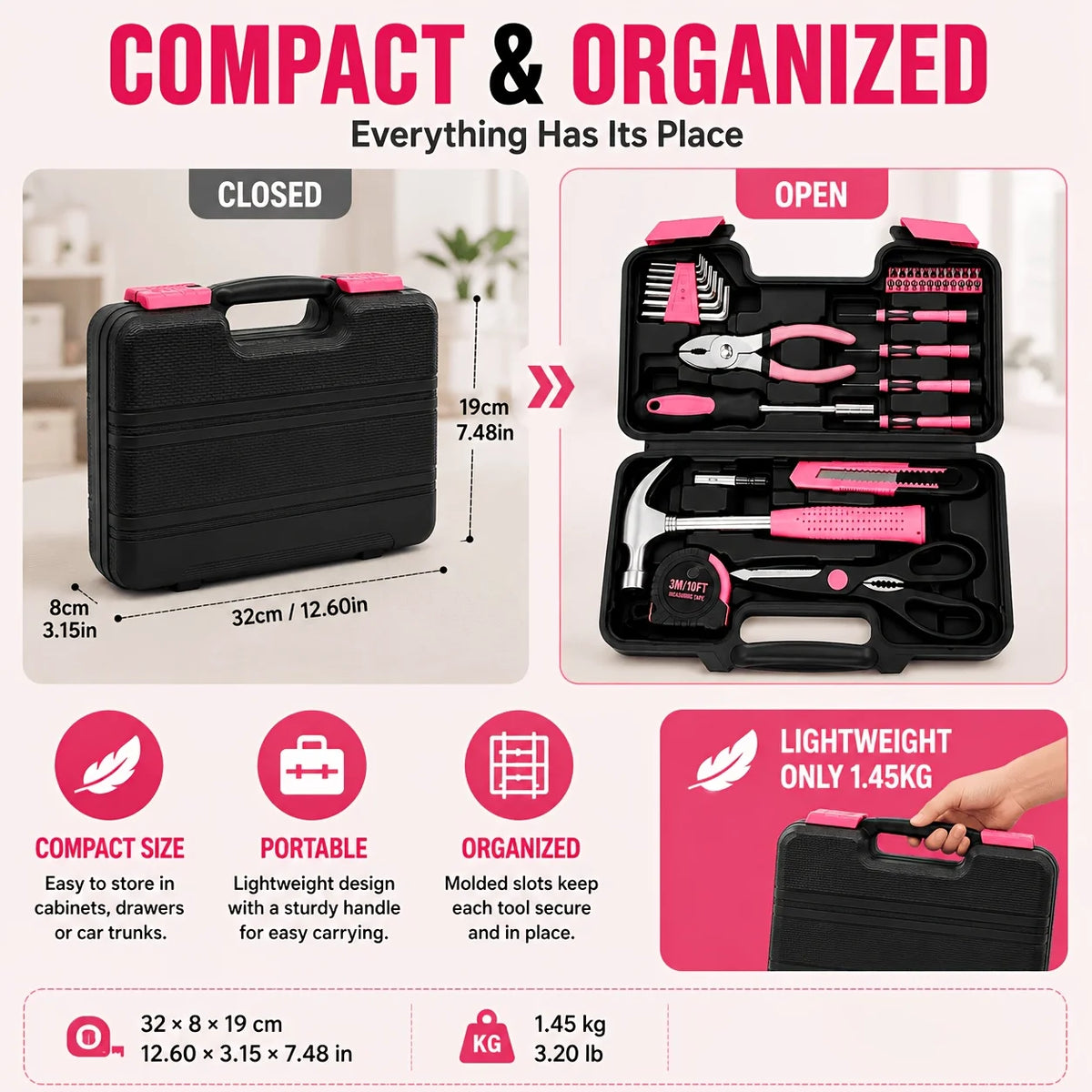 40PCS Pink Household Tool Kit with Storage Case, Hammer Pliers Screwdrivers Hex Keys Tape Measure Utility Knife DIY Repair Set