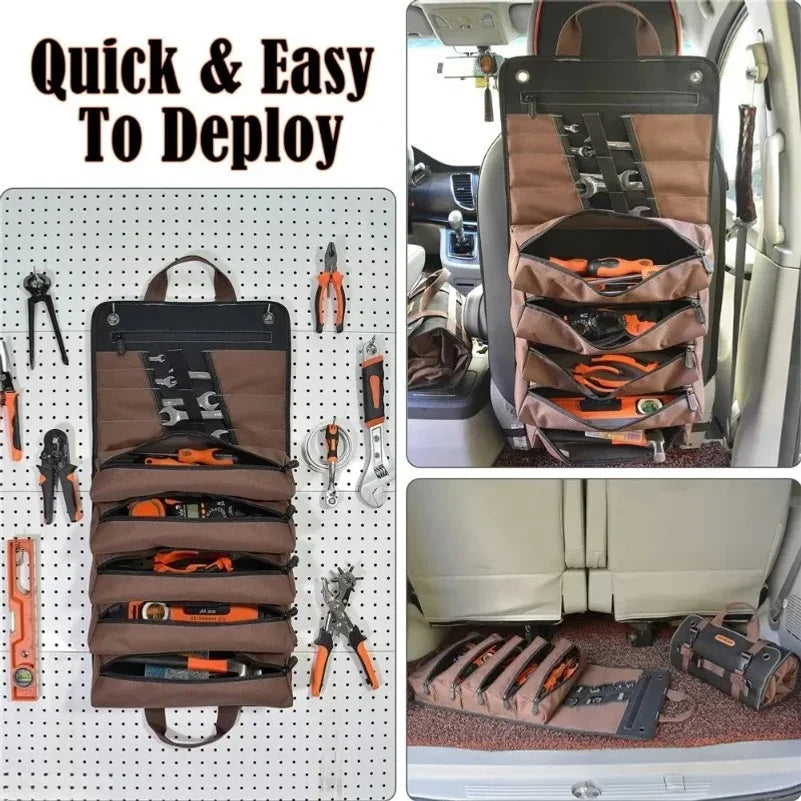 1680D Heavy Duty Waxed Canvas Tool Roll Up Bag, 15-Pockets Professional Organizer for Mechanic Electrician, Waterproof Tool Wrap