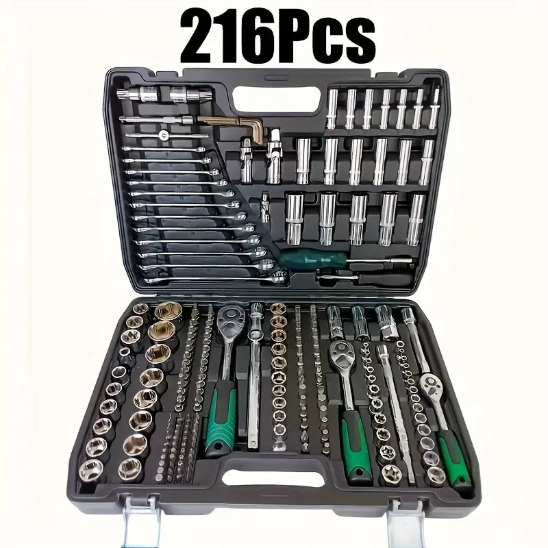 216-Piece Professional Socket Set - 1/2" 3/8" 1/4" Drive SAE & Metric, 72-Tooth Ratchet for Automotive & Home Repair