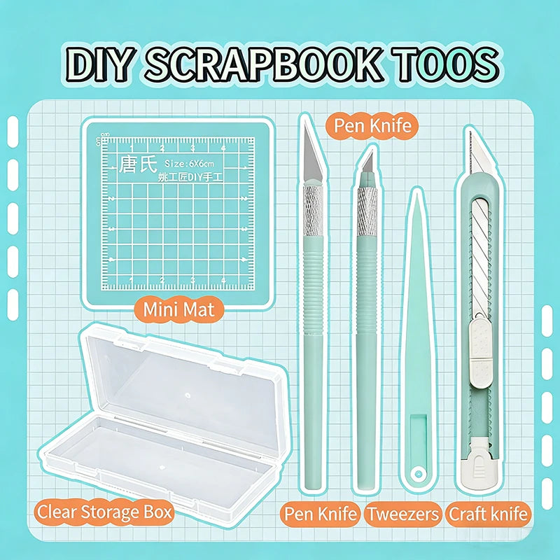 DIY Scrapbooking Tool Kit – Craft Hand Tools Set with Carving Knife, Tweezers & Mini Cutting Pad