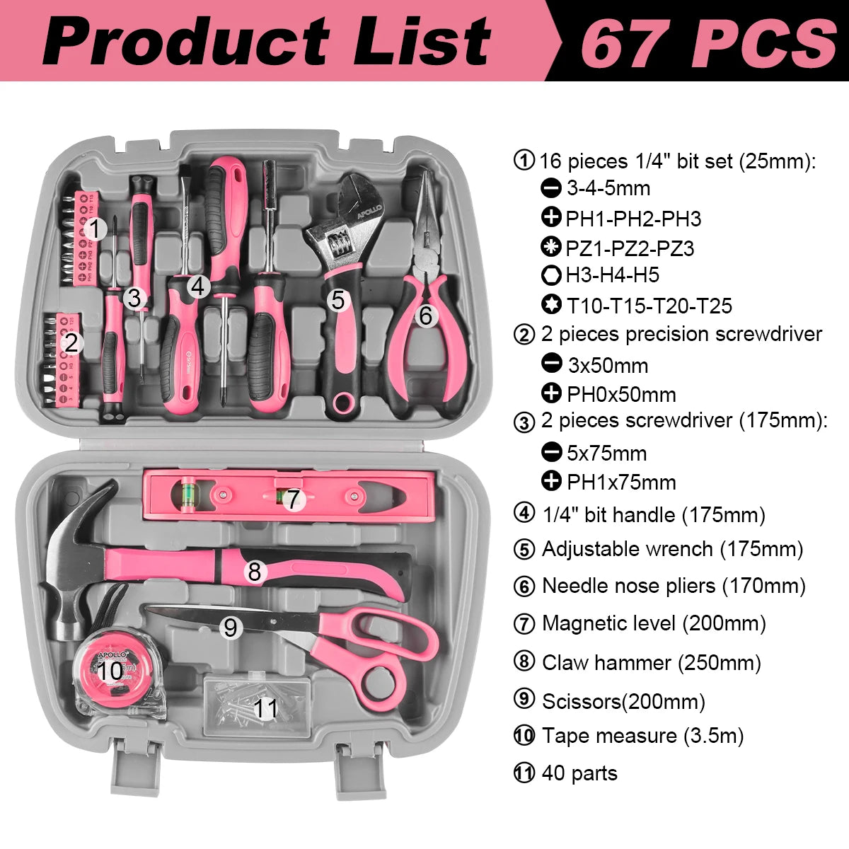 Pink 35/56/67/71pcs Household Hand Tool Set, Hardware Kit, Household Tool Set, Industrial Tool Set Automotive Maintenance Tools