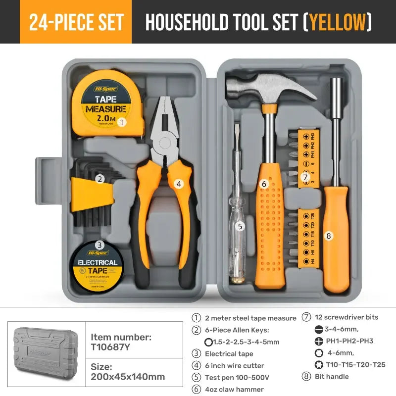 24-Piece Tool Set General House hold Hand Tool Kit with Plastic Toolbox Storage Case Used to Car repair And home Repair