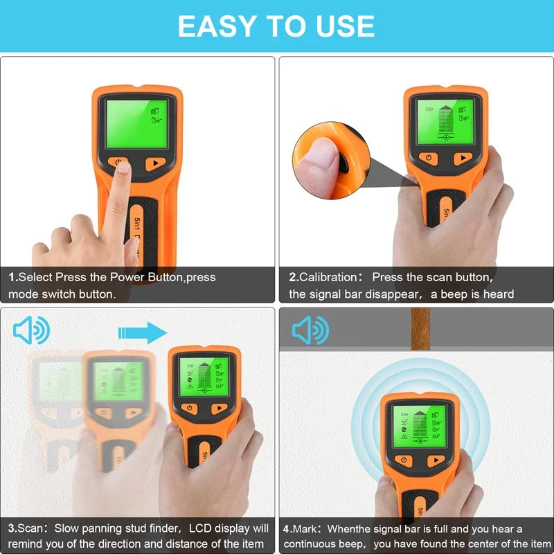 Digital Handheld 5 in 1 Stud Detector Wall Wood Scanner Wall Detector Live AC Wires Cable PVC Water Pipe Metal Finder Scanner