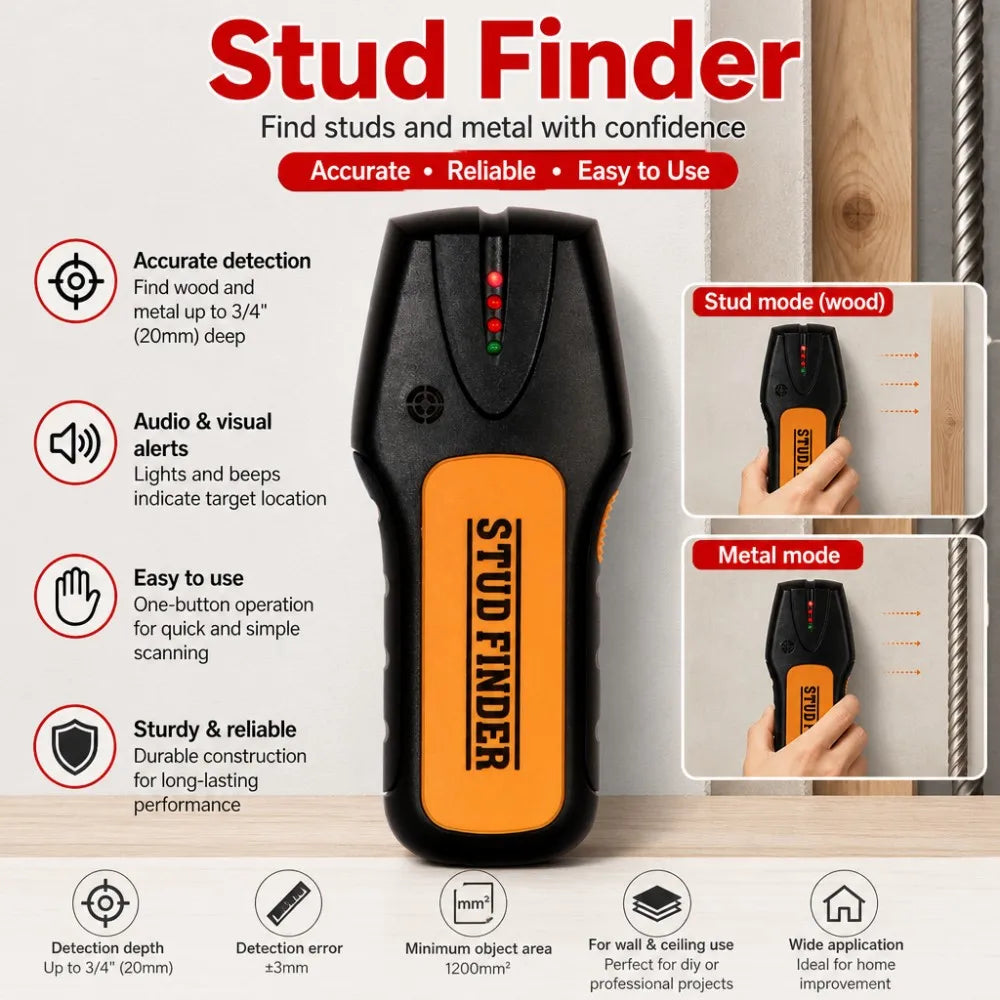 Stud Finder Wall Detector, Electronic Wood & Metal Sensor, 20mm Deep Scan Tool for Home DIY Renovation with Sound Alarm