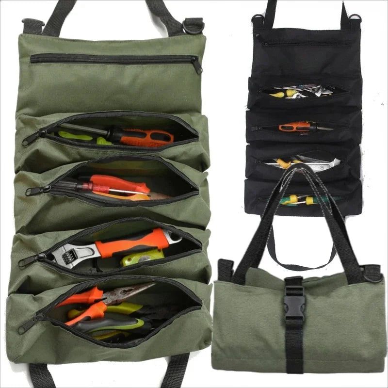Heavy-Duty Roll-Up Tool Bag - Oxford Fabric Multi-Tool Organizer All-in-One Garage Storage for Mechanics/Electricians/Carpenters