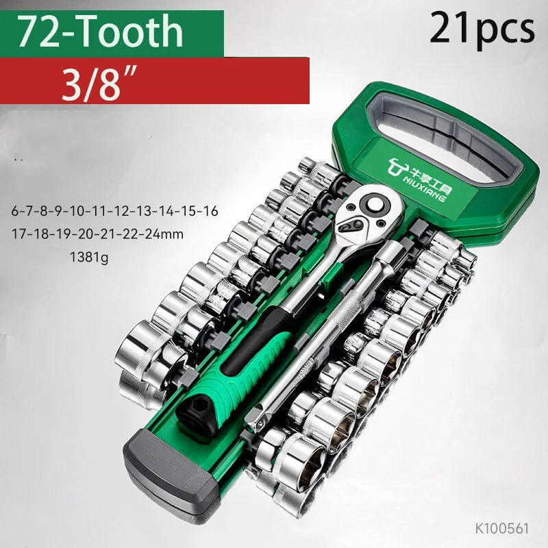 Ratchet Wrench Socket Set 72 Tooth 1/4 3/8 1/2 Inch Quick Release Reversible Handle Multi-function Auto Motorcycle Repair Tool
