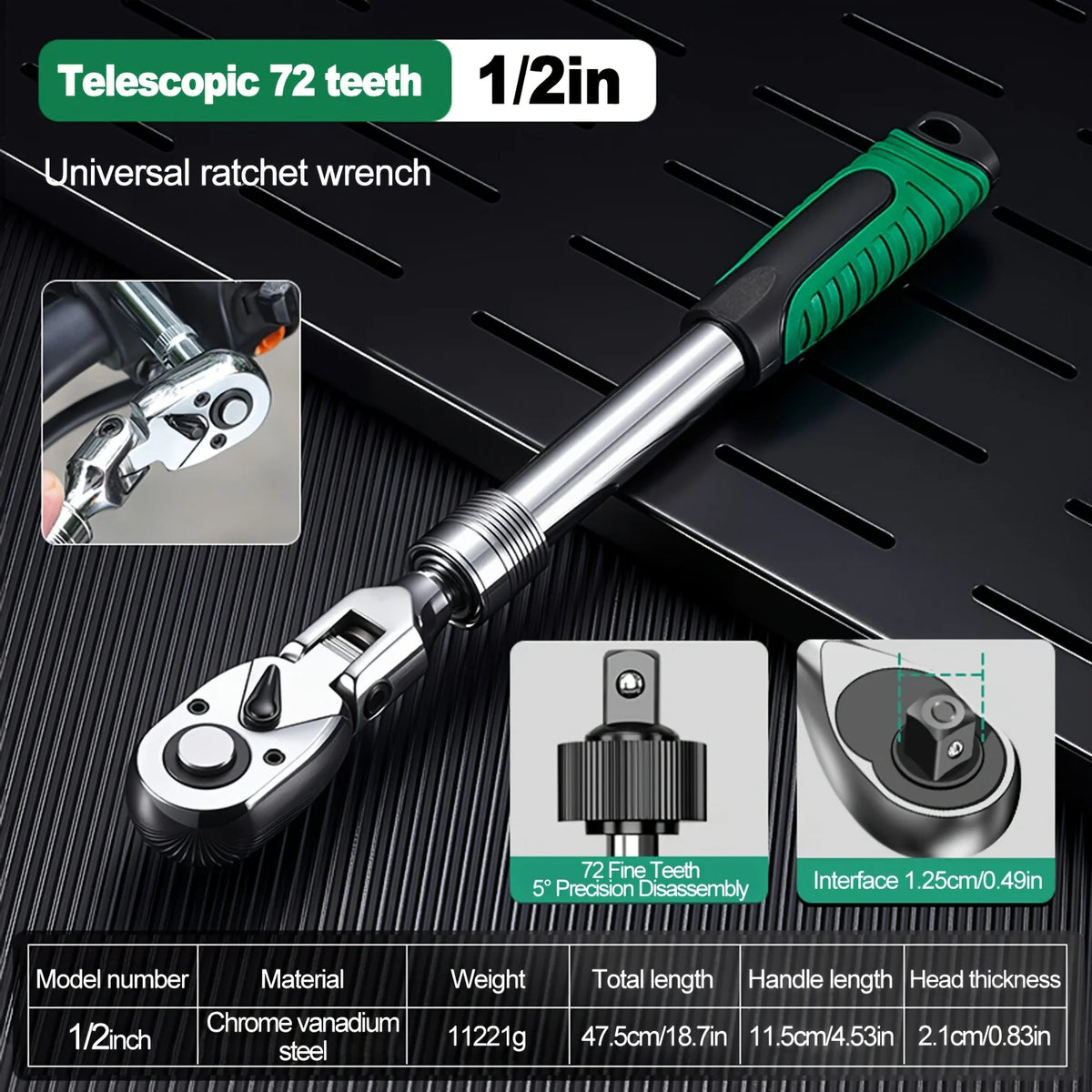 72-Tooth Ratchet Wrench Set, Chrome Vanadium Steel, Automatic Two-Way Mechanism, Stretchable, Ergonomic Grip, with Quick Socket