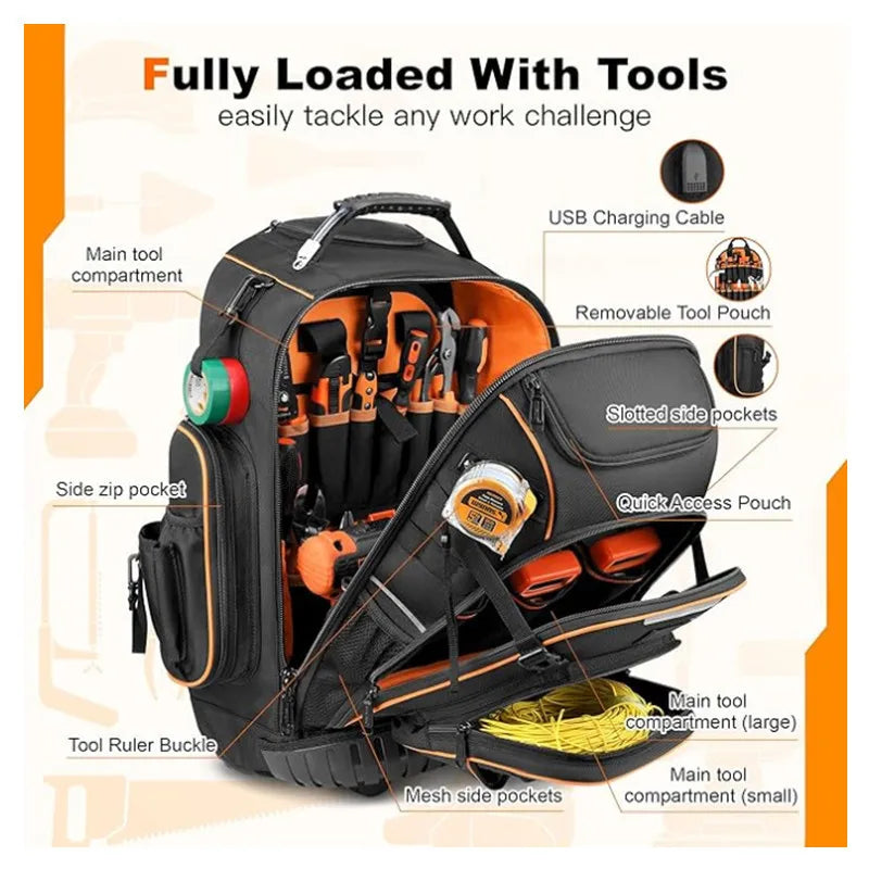Tool Backpack with Wheels Heavy Duty Tool Bag Large Capacity Rolling Tool-Station Pro Heavy-Duty Organizer Electrician Tool Bag