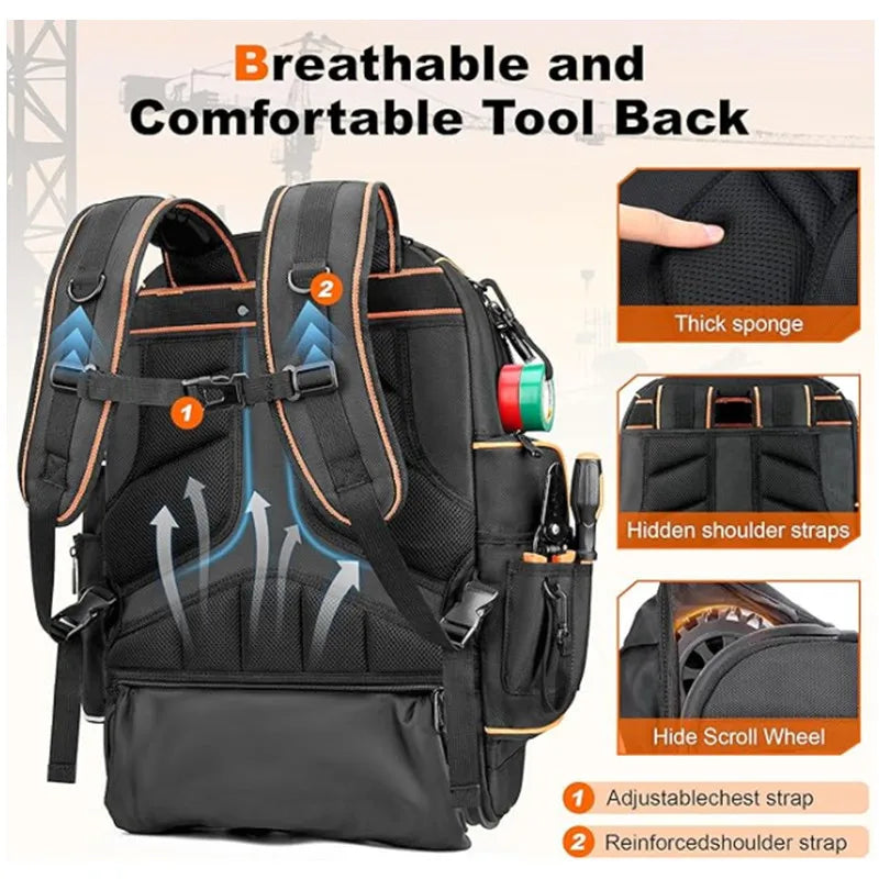 Tool Backpack with Wheels Heavy Duty Tool Bag Large Capacity Rolling Tool-Station Pro Heavy-Duty Organizer Electrician Tool Bag