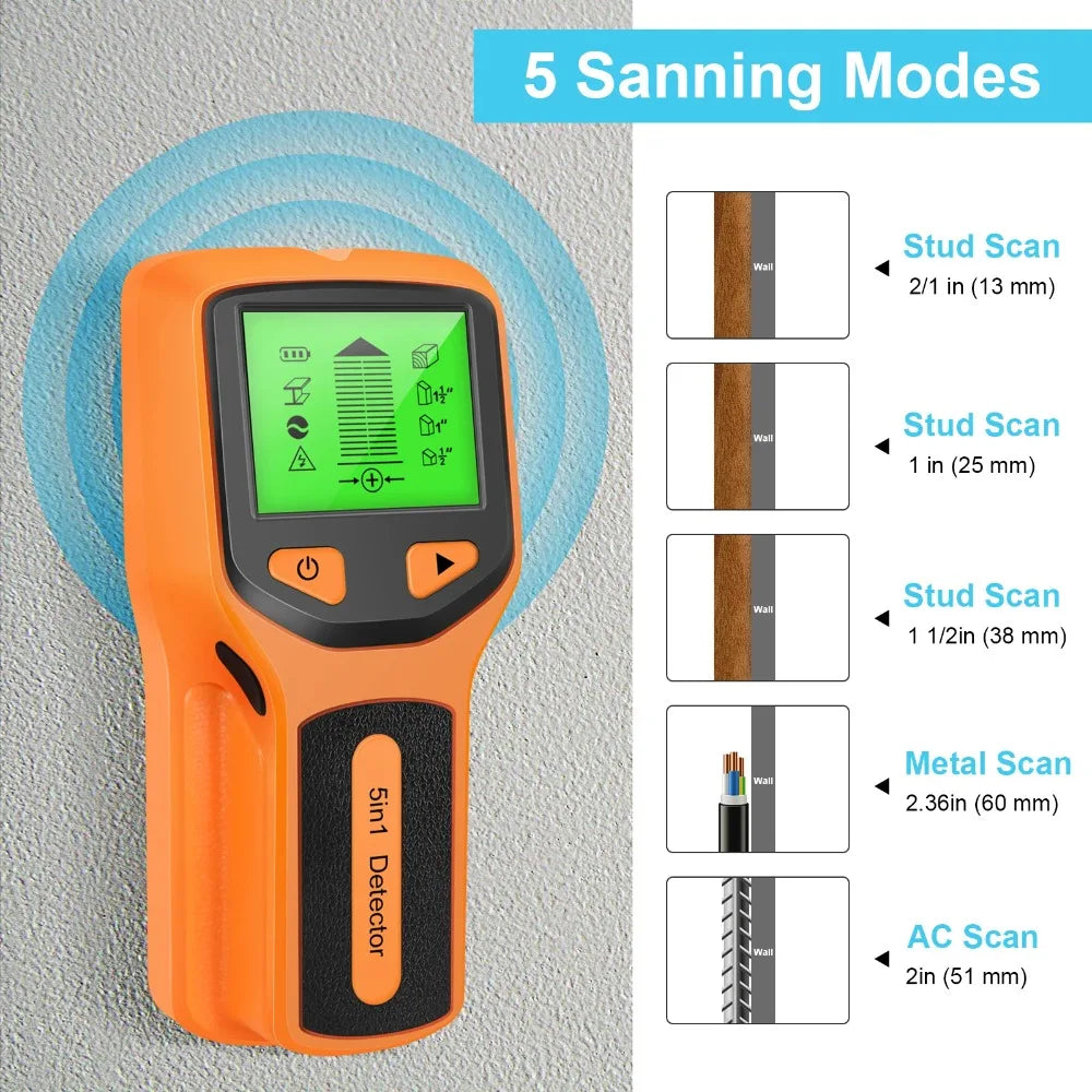 5 in 1 Digital Stud Detector Handheld Wall Scanner for Metal Wood Live AC Wires Cable PVC Water Pipe Finder
