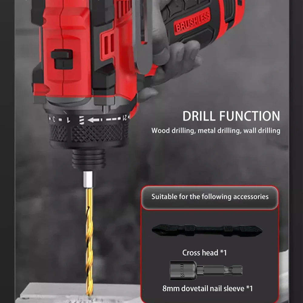 80N.m 18V Brushless Electric Drill Cordless Knockable Driller Driver Screwdriver Li-ion Battery Electric Power Tools