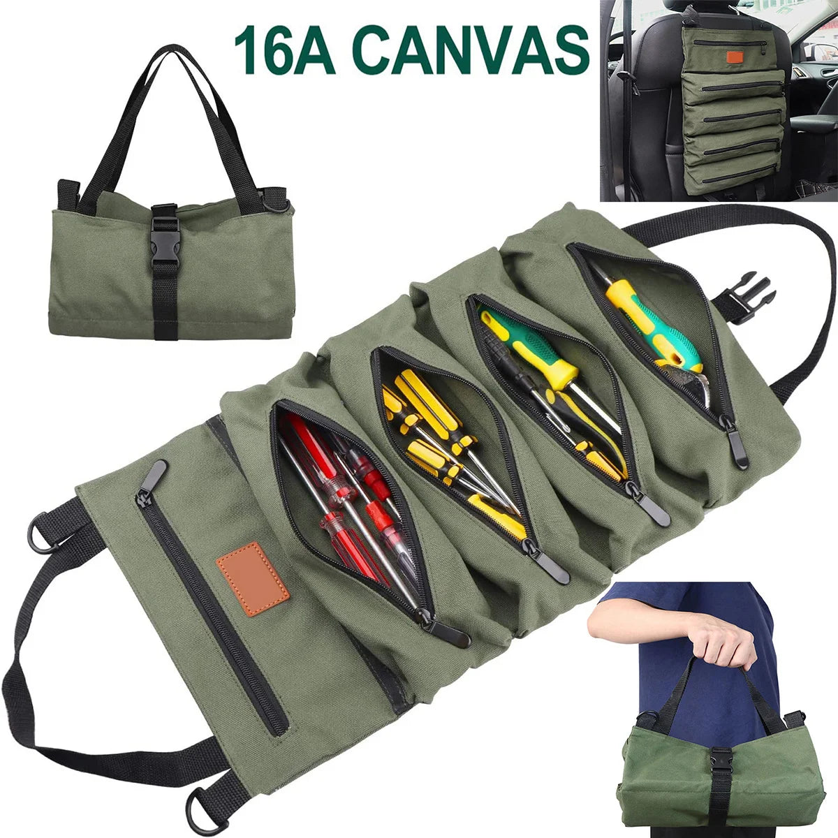 Tool Roll, Multi-Purpose Roll Up Tool Bag, Wrench Roll, Canvas Tool Organizer Bucket, Car First Aid Kit Wrap Roll Storage Case