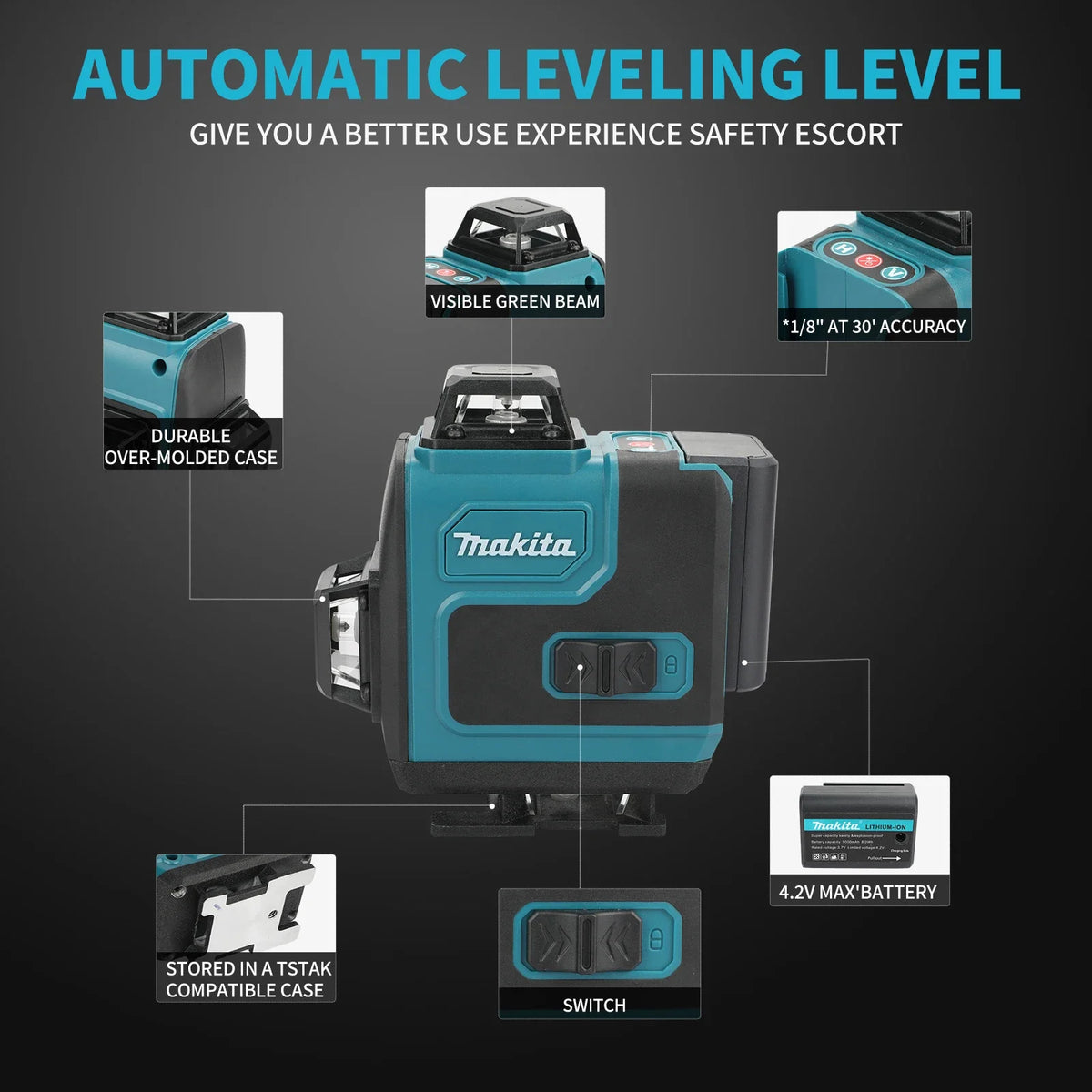 Makita Professional 16-Line Laser Level - 515nm High-Visibility Green Light, Self-Leveling & Manual for Indoor/Outdoor Alignment