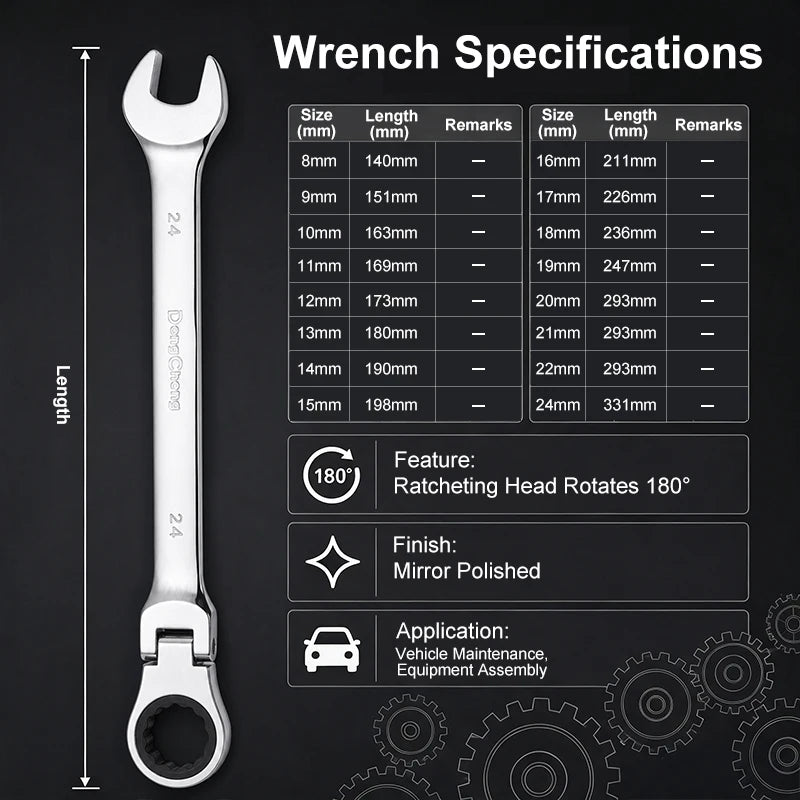 Ratchet Wrench 72 Tooth 180 Rotating Head Chrome Polished Combination Wrench Anti Corrosion Open End Spanner for Auto Repair