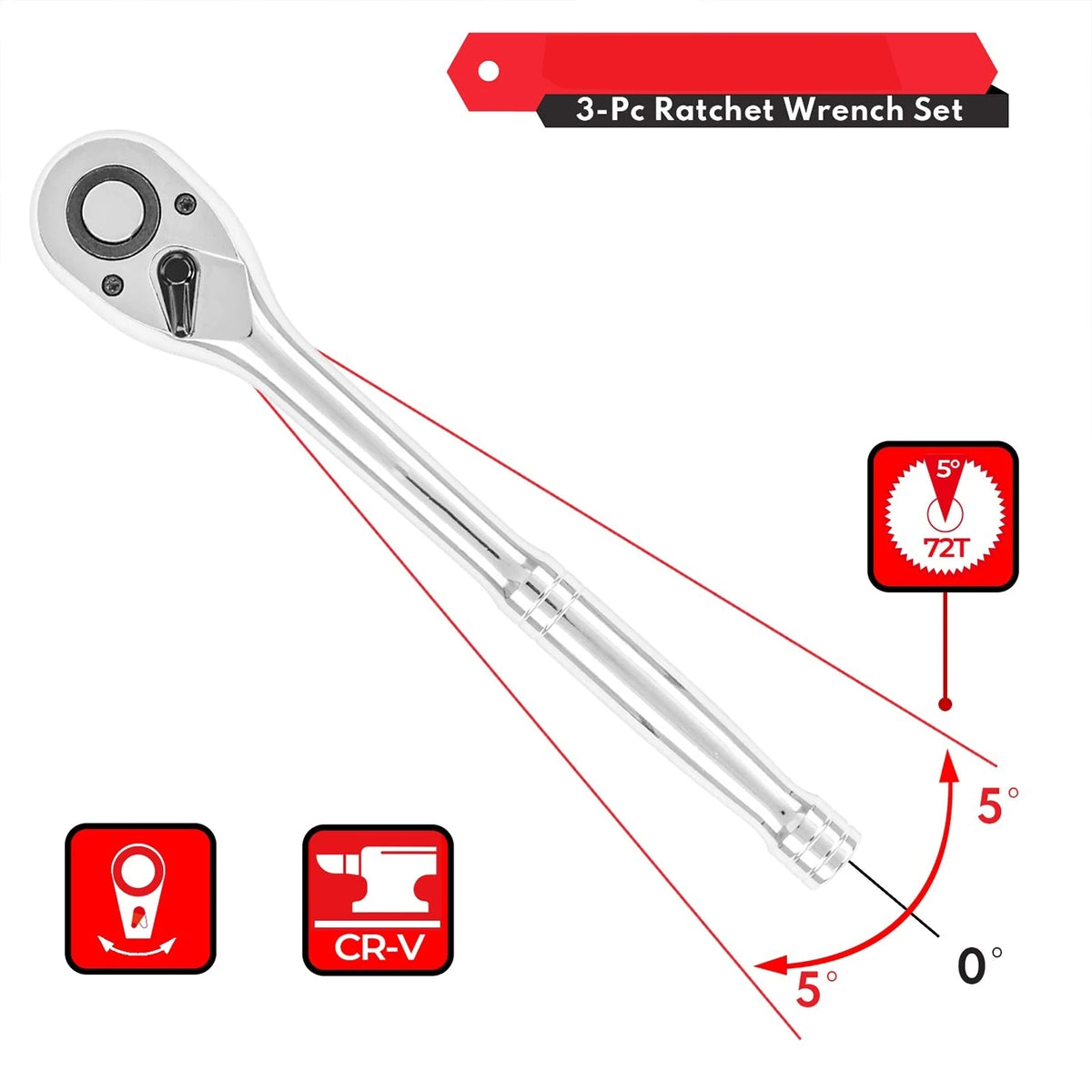 3pcs/set 1/4" 3/8" 1/2" Drive Ratchet Socket Wrench Kit, 3 Counts 72-Tooth Quick-Release Reversible Ratchet Set