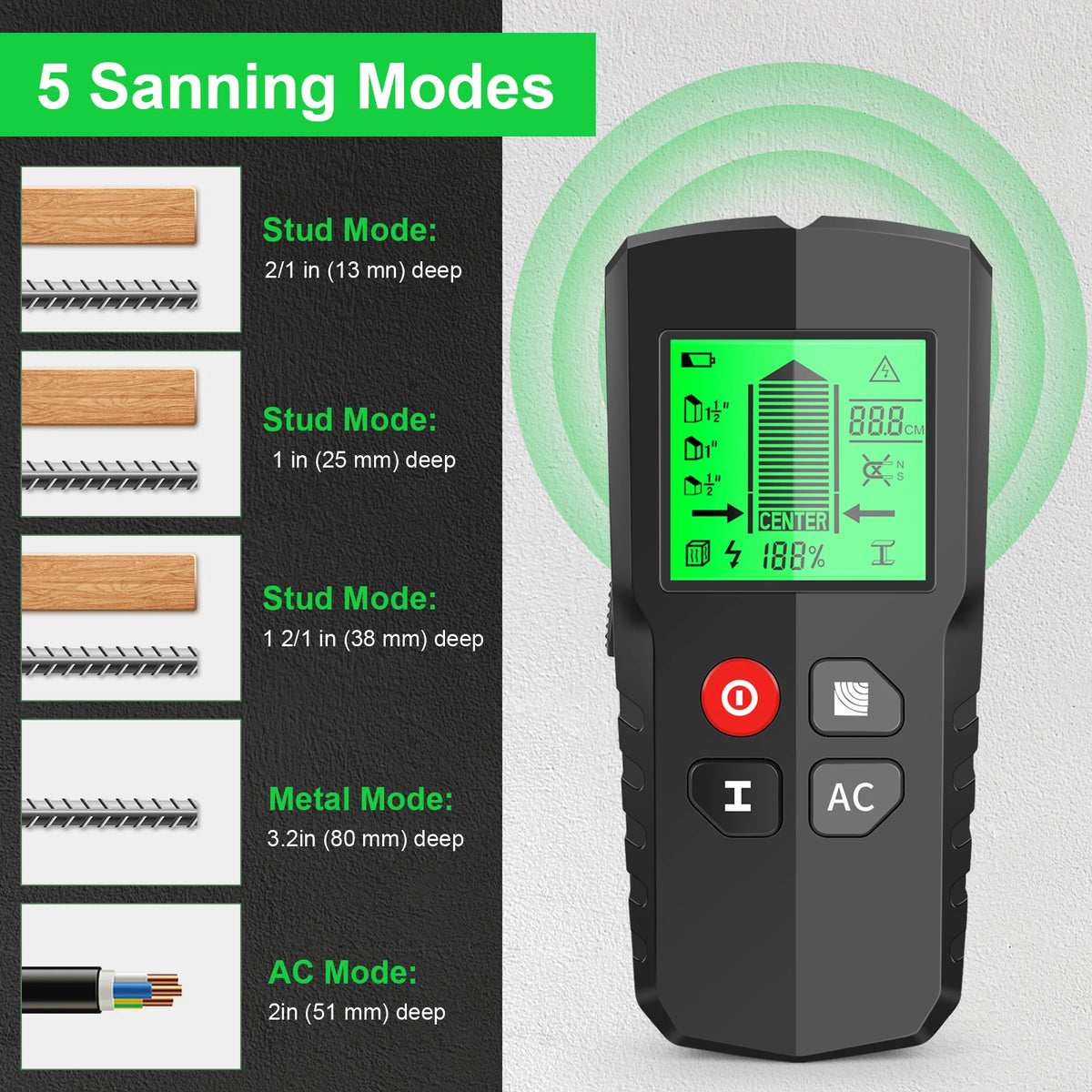 5 in 1 Stud Finder Metal Detector AC Wood Stud Finder Cable Wires Depth Tracker LCD Electronic Wall Scanner Positioning Tool