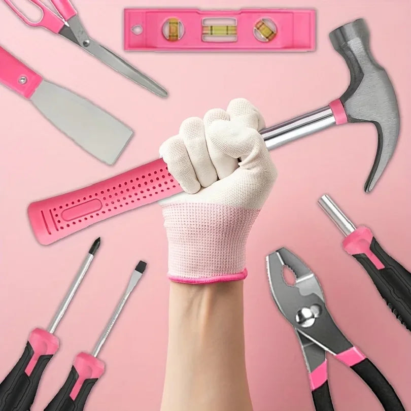 23+1pcs Pink Tool Set, Metal Hand Tools in Classic Barn Tool Box, Home Repair Kit, Durable Ladies Tool Kit
