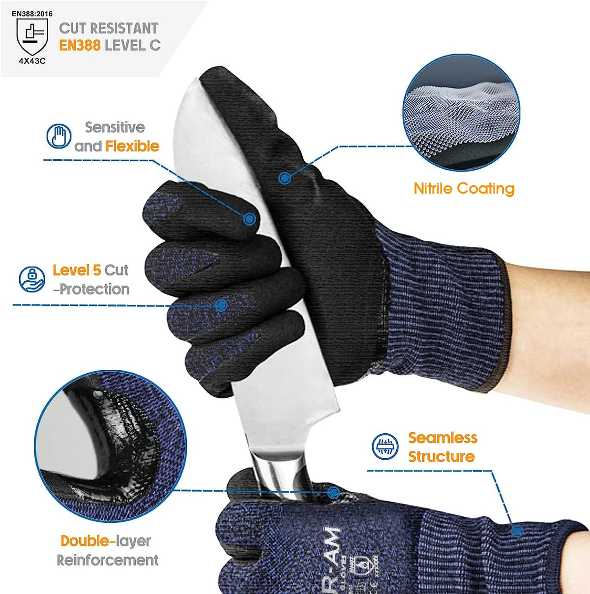 1/3Pairs Level 3 Cut-Resistant Gloves, Firm Non-Slip Grip, Heavy Duty Work,Multipurpose, Excellent Grip for Men & Women