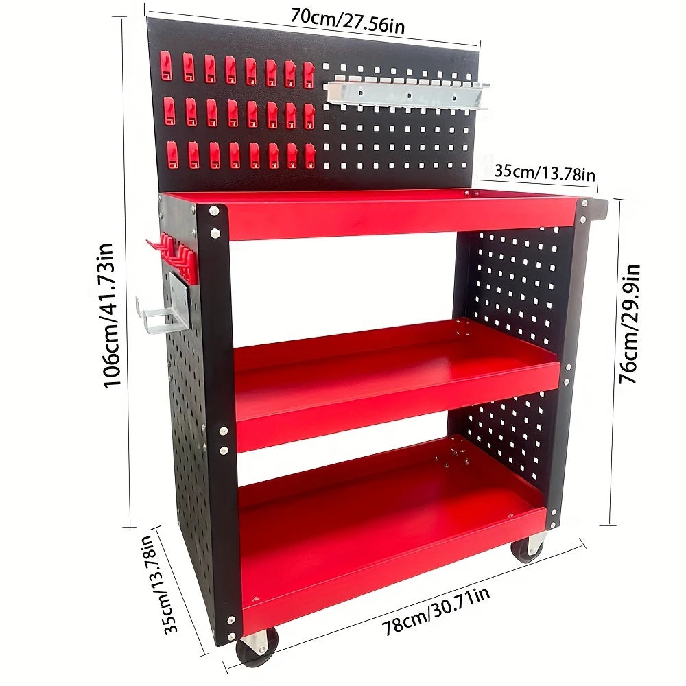 Heavy-Duty 3-Tier Rolling Workshop Tool Trolley with Pegboard