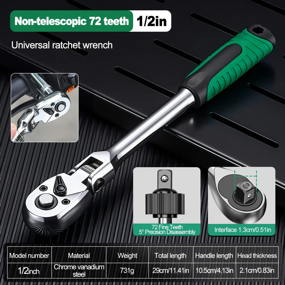 72-Tooth Ratchet Wrench Set, Chrome Vanadium Steel, Automatic Two-Way Mechanism, Stretchable, Ergonomic Grip, with Quick Socket