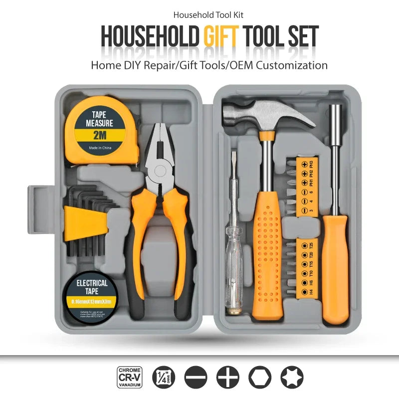 24-Piece Tool Set General House hold Hand Tool Kit with Plastic Toolbox Storage Case Used to Car repair And home Repair