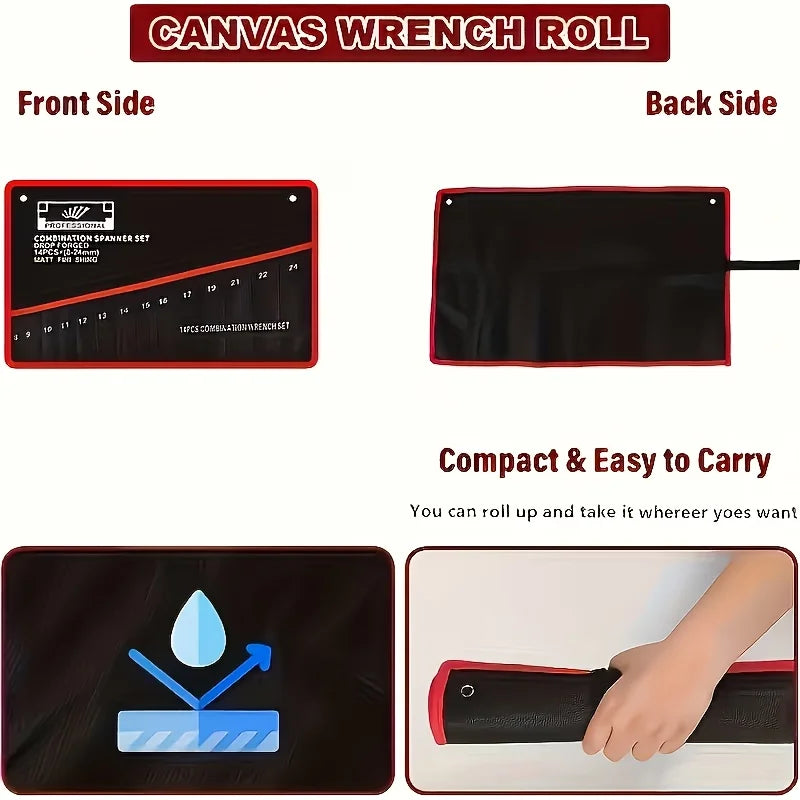 14-Pocket Heavy-Duty Wrench & Tool Roll Bag