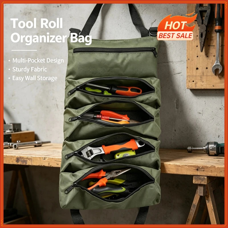 Heavy-Duty Roll-Up Tool Bag - Oxford Fabric Multi-Tool Organizer All-in-One Garage Storage for Mechanics/Electricians/Carpenters
