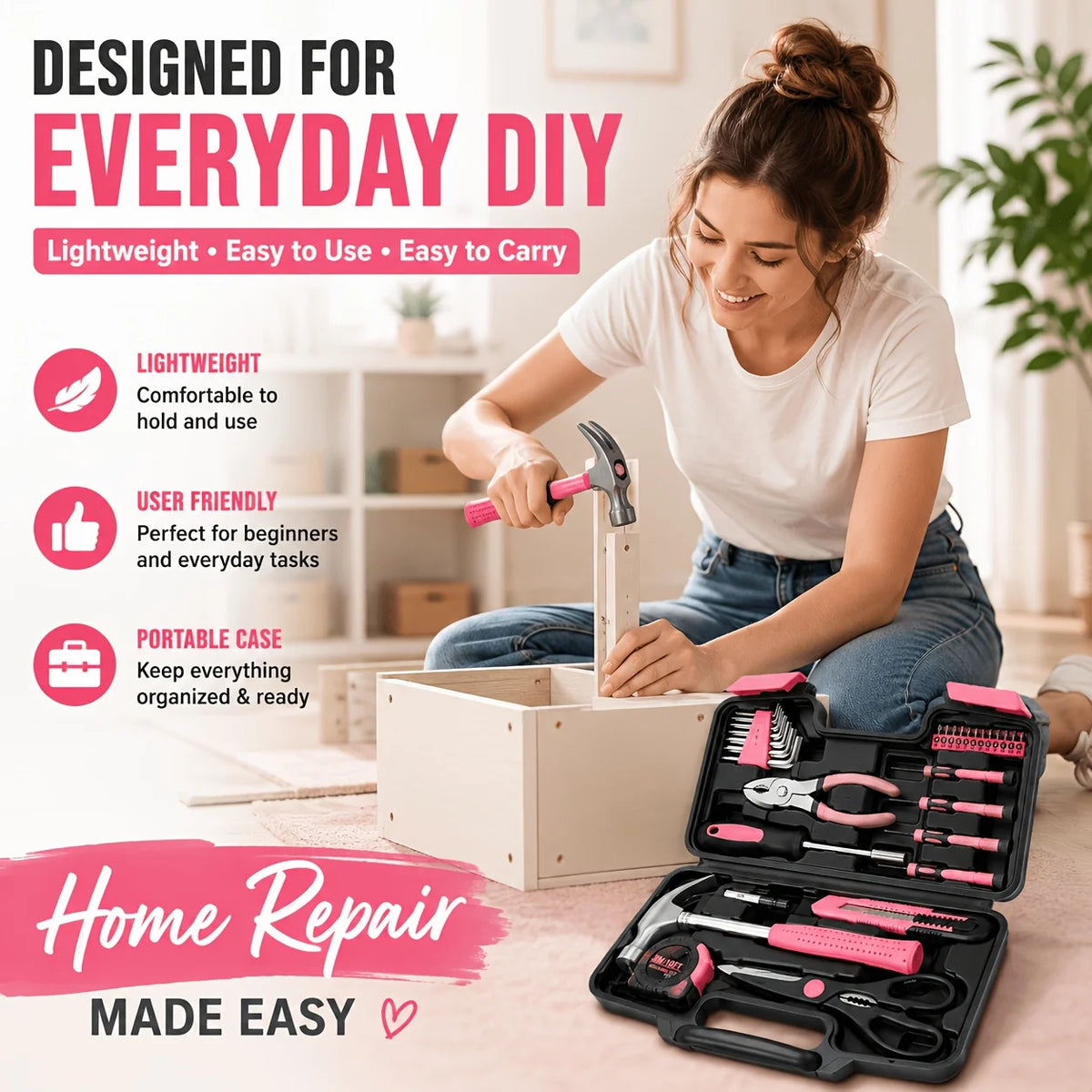 40PCS Pink Household Tool Kit with Storage Case, Hammer Pliers Screwdrivers Hex Keys Tape Measure Utility Knife DIY Repair Set