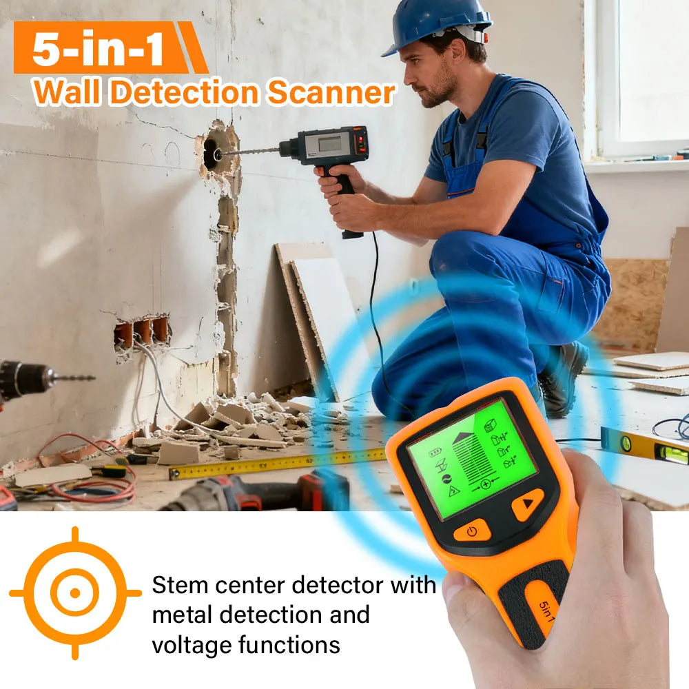 Wall Stud Detector 5 in 1 Handheld Digital Wood Scanner Metal Finder for Live AC Wires Cables PVC Water Pipe