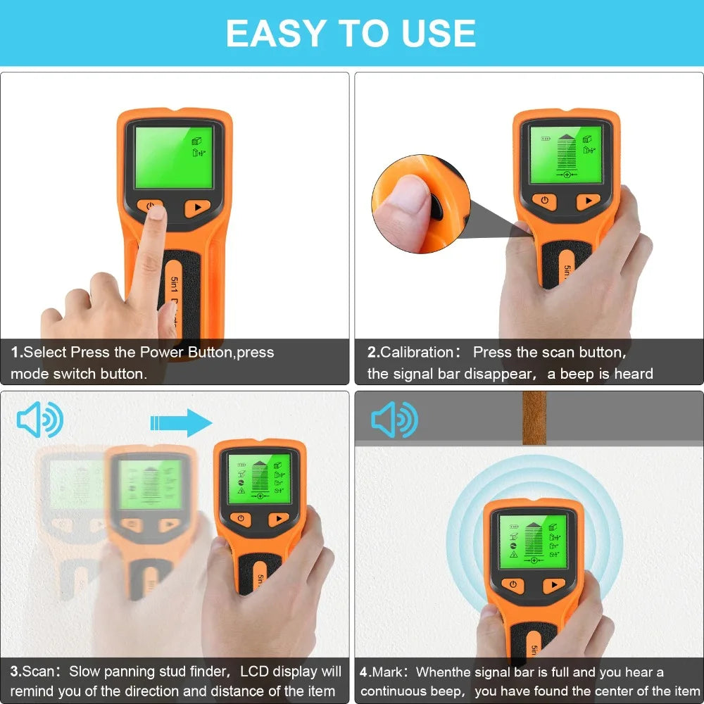 5 in 1 Digital Stud Detector Handheld Wall Scanner for Metal Wood Live AC Wires Cable PVC Water Pipe Finder