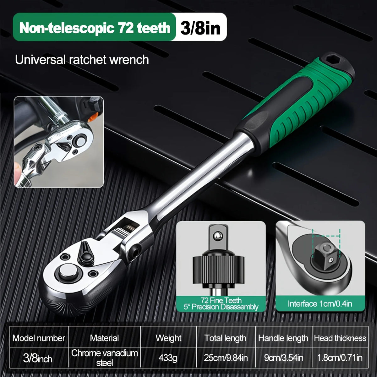 72-Tooth Ratchet Wrench Set, Chrome Vanadium Steel, Automatic Two-Way Mechanism, Stretchable, Ergonomic Grip, with Quick Socket