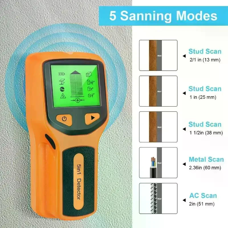 Stud Detector Handheld 5 In 1 Digital Wall Scanner Metal Finder For Live AC Wires Cables PVC Water Pipe