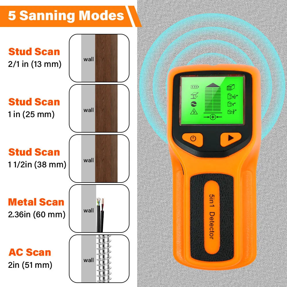 Handheld 5 in 1 Digital Wall Stud Detector Wood Scanner Metal Finder for Live AC Wires Cables PVC Water Pipe