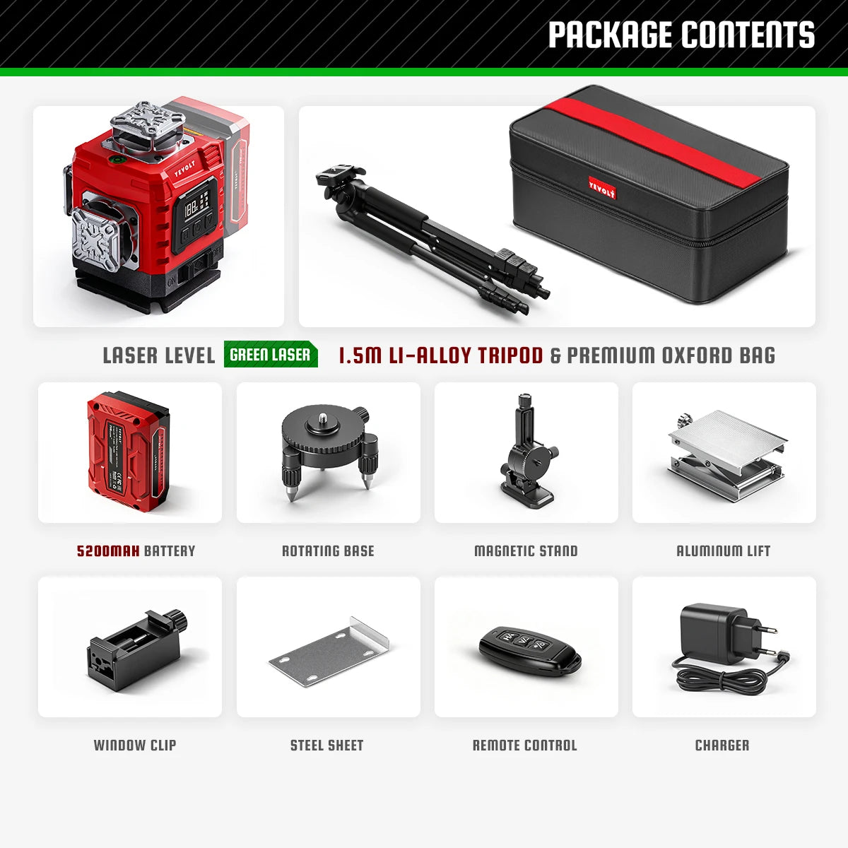 YEVOLT 16‑Line Green Laser Level 4×360° Planes Gravity Self‑Adjust Slope Function Type‑C Power Build & Tile