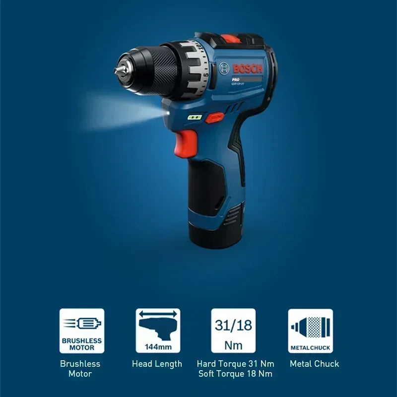 BOSCH GSR12V-31 Cordless Electric Drill Driver Rechargeable Screwdriver Kit High Torque Dual Speed Multifunctional Power Tool
