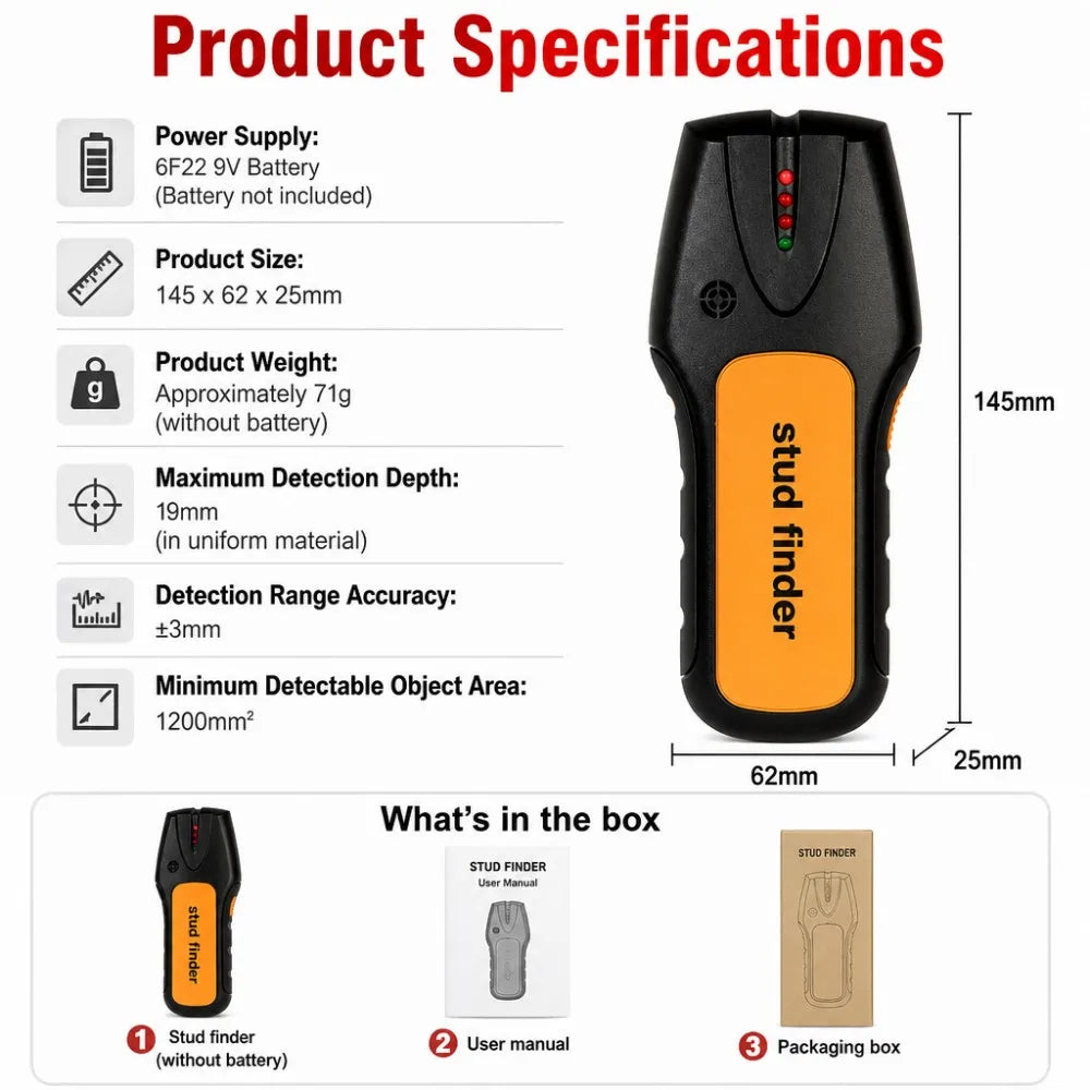 Electronic Stud Finder Wall Scanner, Wood & Metal Detector, 20mm Deep Detection Sensor with LED Light Audible Alarm