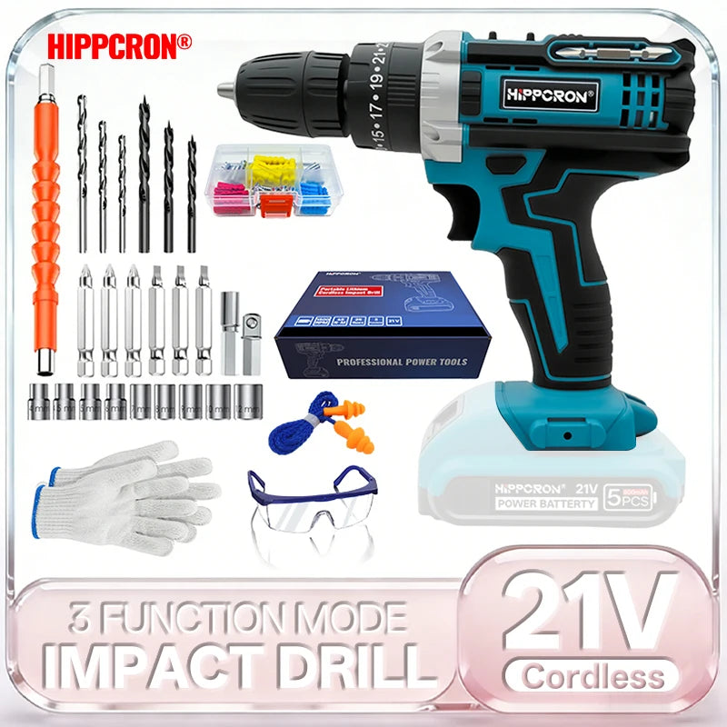 Hippcron Cordless Impact Electric Drill Driver Kit 25+3 Torque Setting 3/8" Keyless Chuck Portable Power Tool Variable Speed