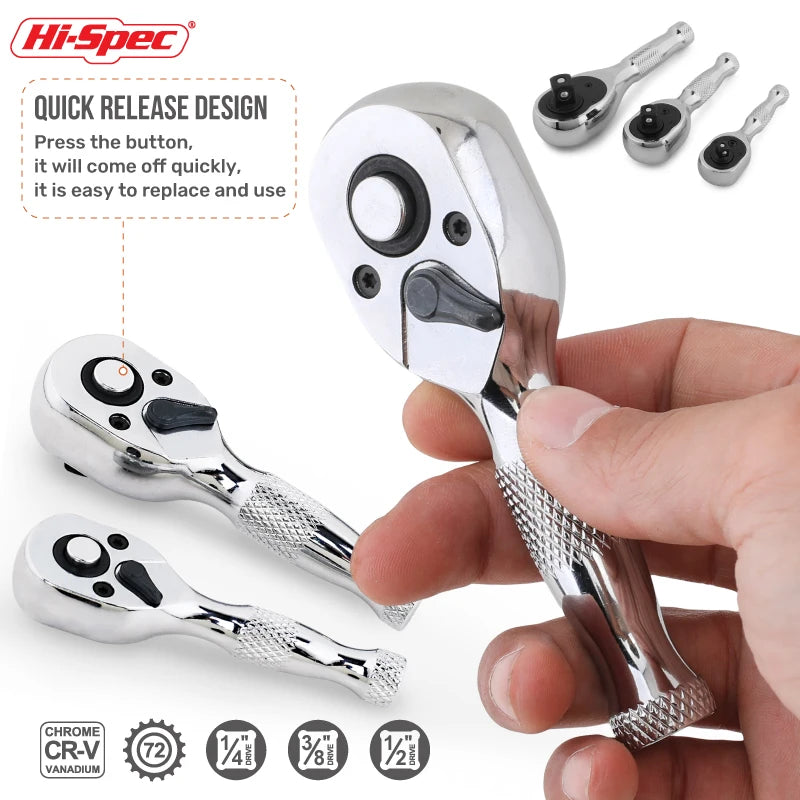 Hi-Spec 1/4" 3/8" 1/2" 72-Tooth Ratchet Wrench Set 2-in-1 Dual Head Reversible Socket Hand Tool for Auto Repair DIY