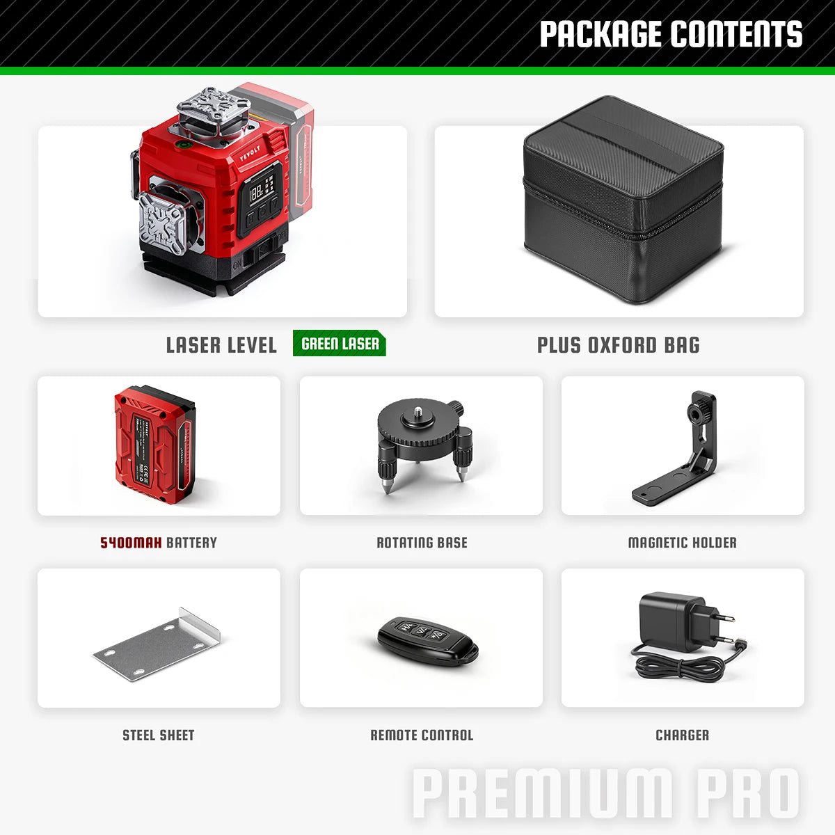 YEVOLT 16‑Line Green Laser Level 4×360° Planes Gravity Self‑Adjust Slope Function Type‑C Power Build & Tile
