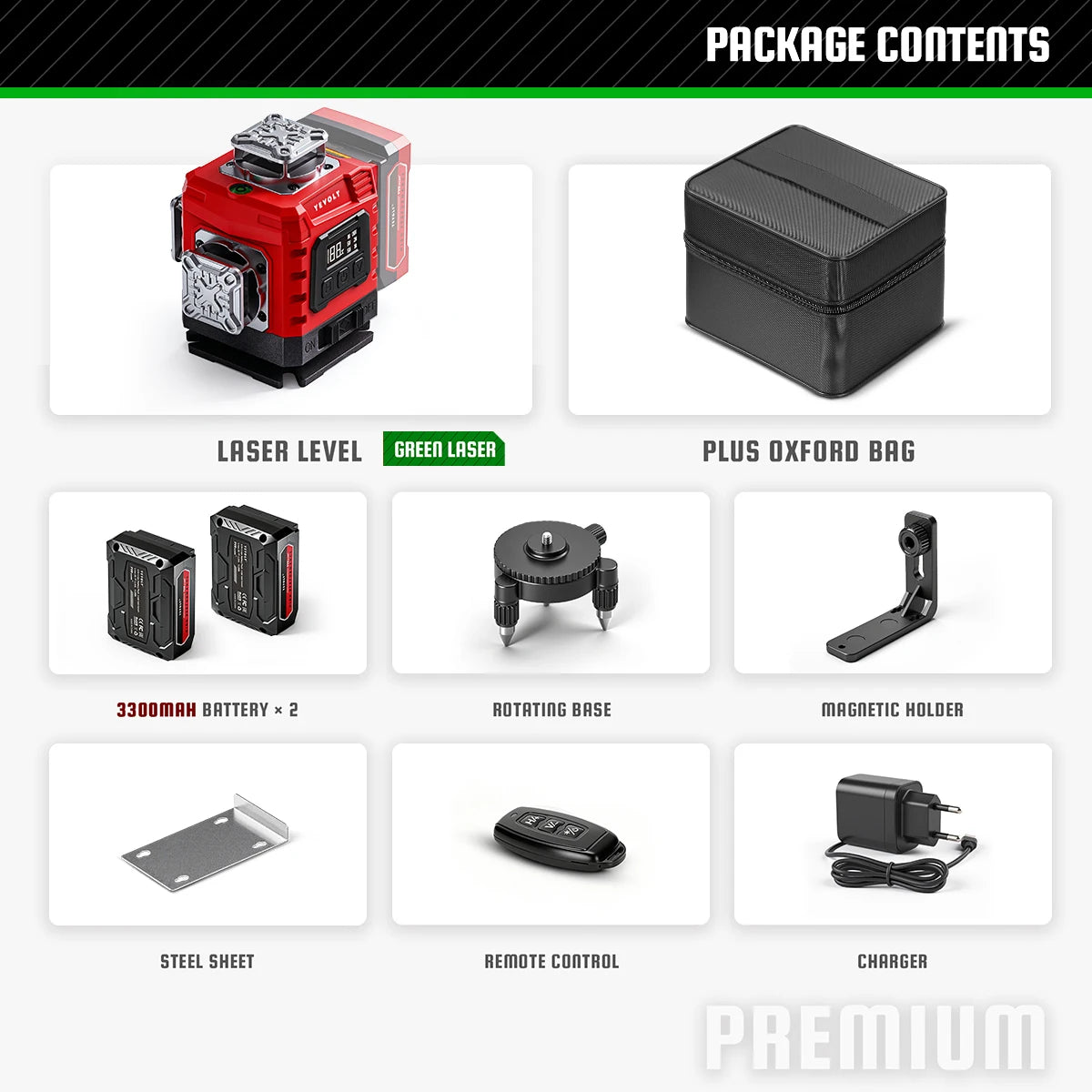 YEVOLT 16‑Line Green Laser Level 4×360° Planes Gravity Self‑Adjust Slope Function Type‑C Power Build & Tile