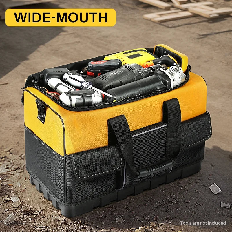 Heavy-Duty Tool Bag with Wide Mouth & Molded Bottom - Adjustable Shoulder Strap, Durable Polyester, Yellow/Black
