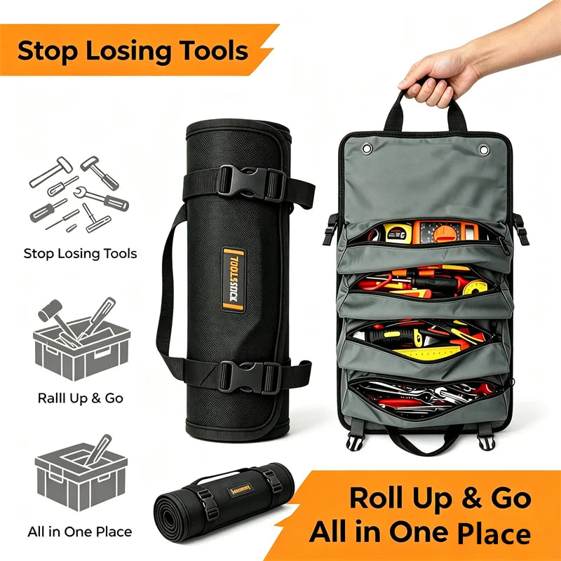 TOOLSTACK Heavy Duty Roll Up Tool Bag Oxford Multi-Purpose Hardware Tool Organizer Storage for Mechanics Electricians Carpenters